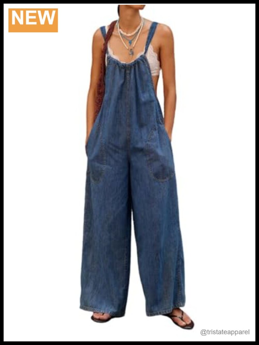 Women's Denim Overall Jumpsuit Sleeveless Wide Leg Back Tie Pockets
